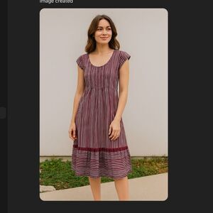 Mata Traders Burgundy Gray Striped Cotton Ruffle Hem Dress Women’s Small